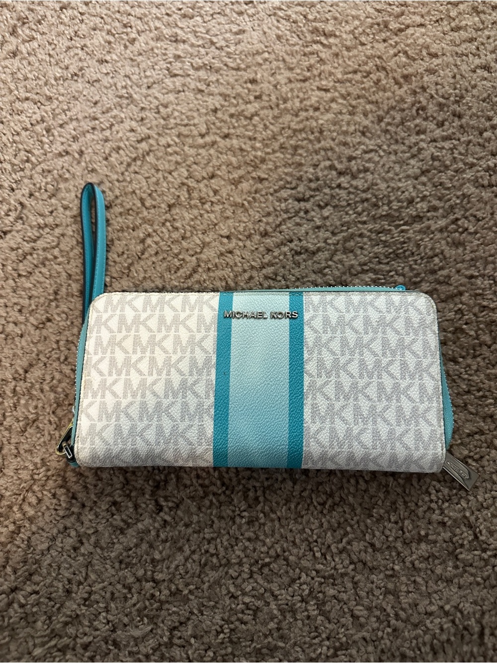 Michael Kors White and Turquoise Stripe Signature Wristlet